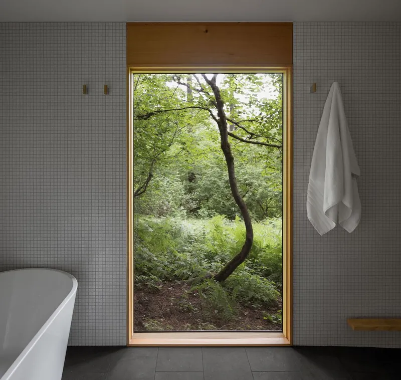 Shower room with grey mosaic tile walls framing a fixed window view of curved tree trunk and ferns