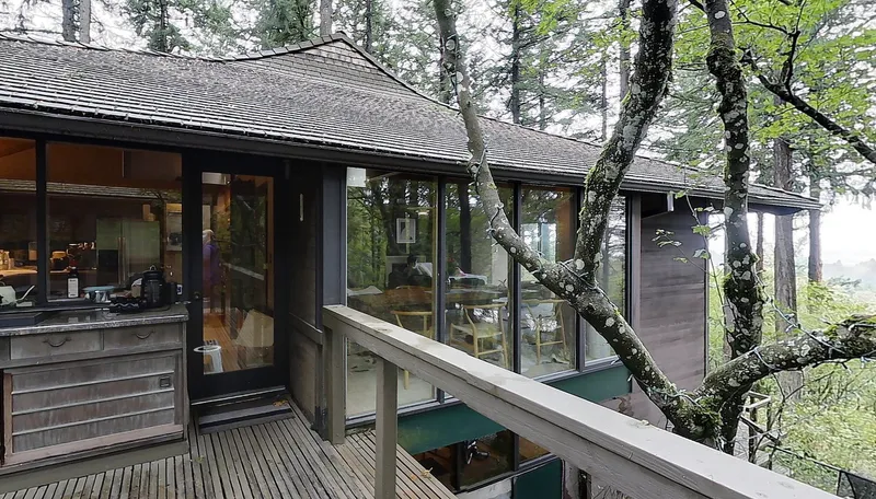 Timber deck wrapping the house exterior beneath low-pitched roof with moss-covered tree branches overhead