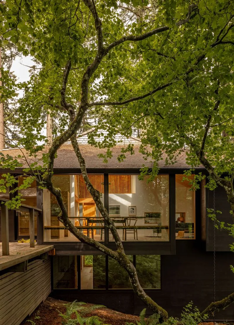 Exterior view of the glazed facade framed by moss-covered tree branches at dusk