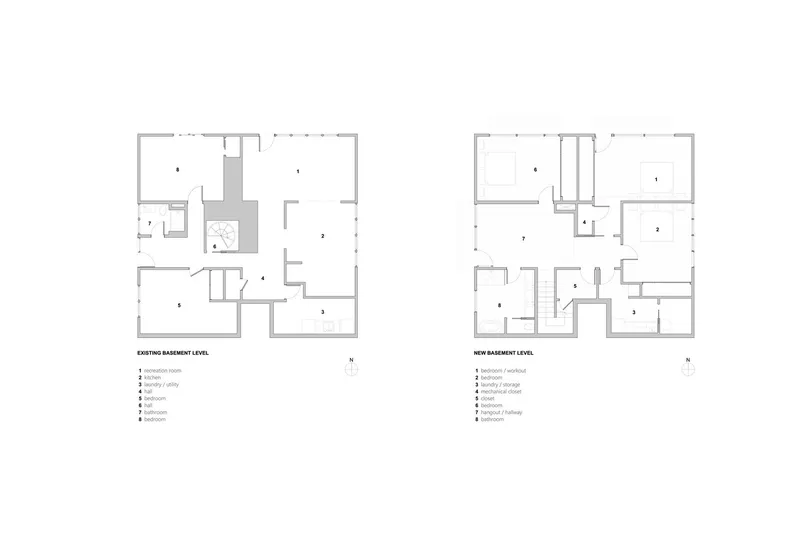 Floor plans comparing existing and proposed basement layouts showing room configurations and labeled spaces