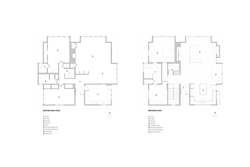 Floor plans comparing existing and proposed main level layouts with room arrangements and circulation paths
