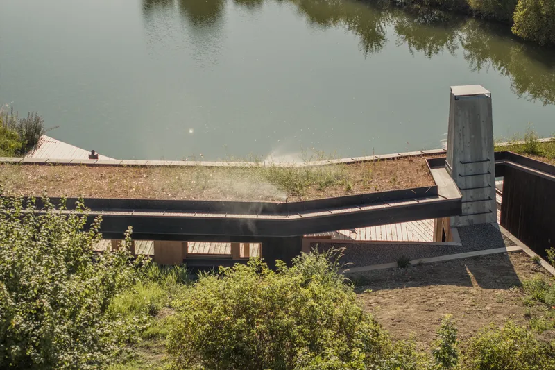 From above: green roof with concrete chimney, smoke rising from the fireplace, pond, timber deck, surrounding vegetation