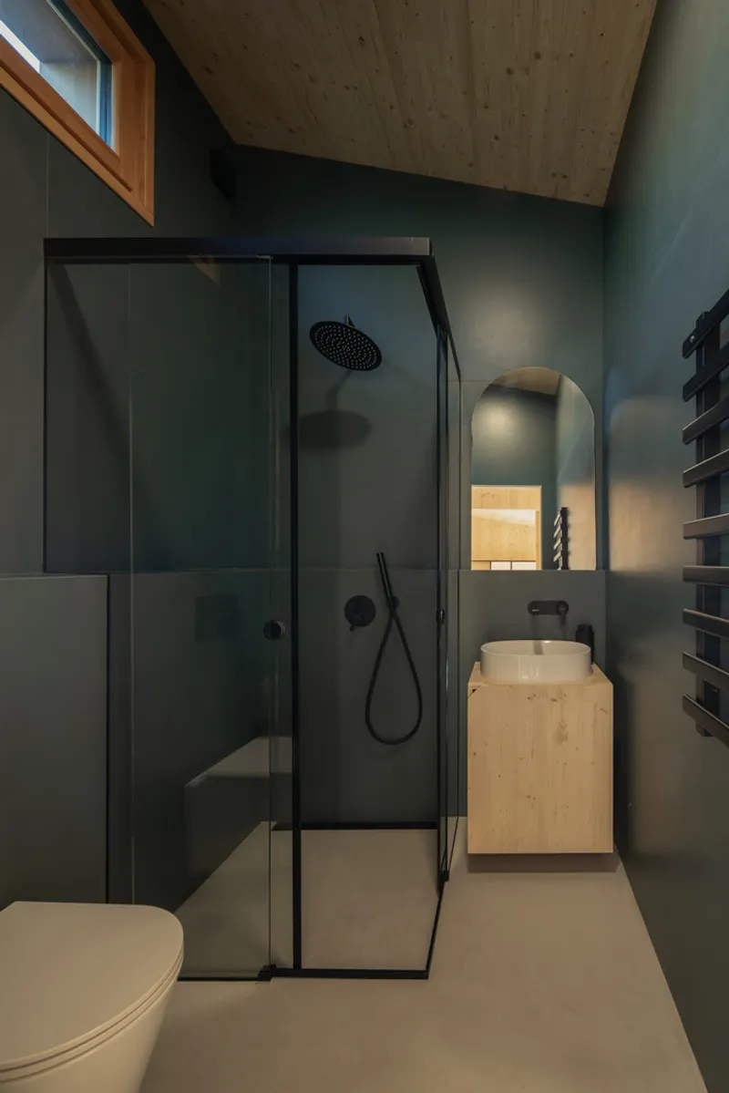 Bathroom: dark green-grey walls, black-framed glass shower screen, rain shower, timber vanity, clerestory window
