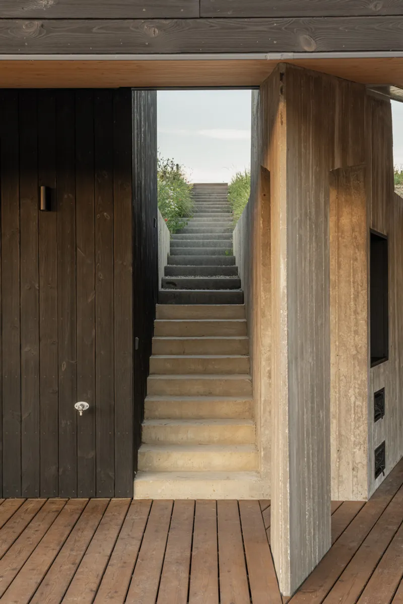 Concrete stair: from the deck up to the green roof, charred timber walls on either side