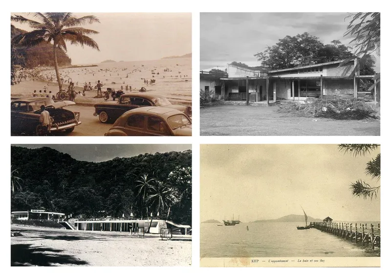 Four archival photographs showing tropical beachfront scenes with palm trees and timber pavilions