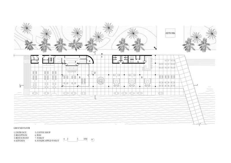 Ground floor plan drawing showing restaurant and coffee shop spaces with palm trees along the waterfront