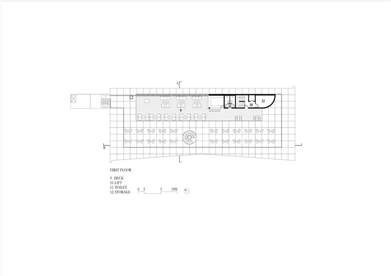 First floor plan drawing depicting dining deck with tables and enclosed service areas