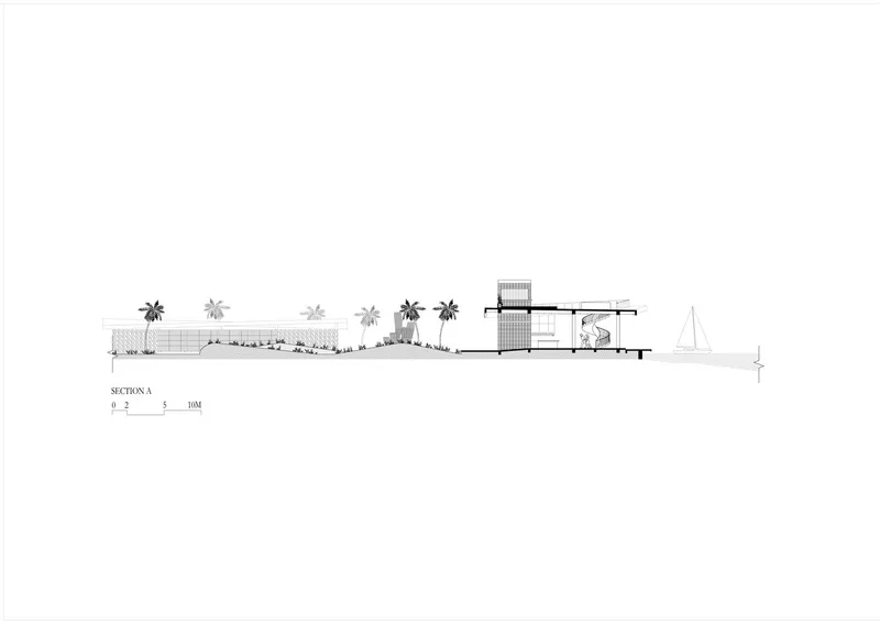 Section drawing showing the two-story volume with palm trees and a pier extending to the water