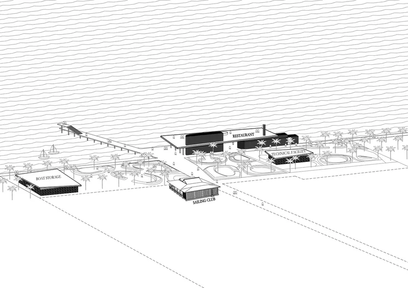Axonometric drawing depicting multiple buildings including a restaurant, club, and spa arranged along pathways with palm trees