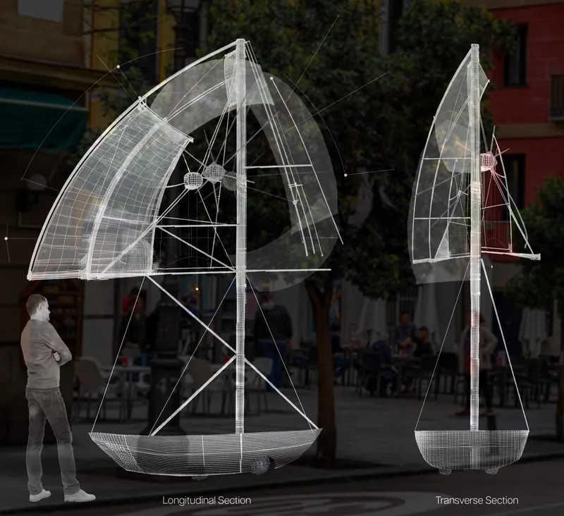 Longitudinal and transverse wireframe sections of the Ringsail: a sail-boat-shaped structure with mast, rigging, and an inflatable ring at the top, shown at human scale on a Madrid street