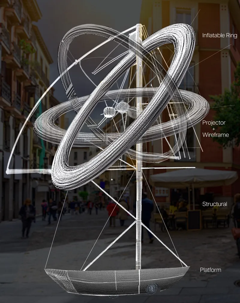 Exploded axonometric with labelled components: the inflatable ring at the top, a projector and wireframe armature in the middle, a structural mast, and a boat-shaped platform at the base