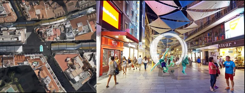 Triptych showing Ringsail in context: an aerial site view on the left, the inflatable ring on a Madrid corner in the centre, and the device deployed in a covered shopping lane on the right with cyan-tinted performers