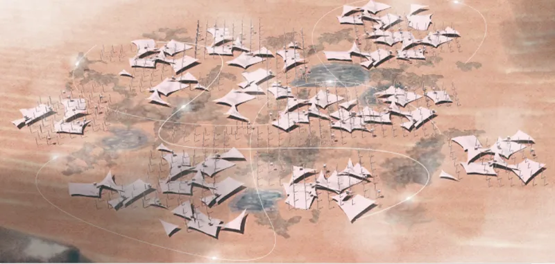 Nature Sprawl aerial view: A scalable and modular habitat ensuring harmony between human life and the desert's natural ecosystems.
