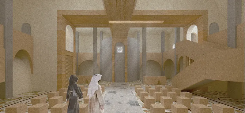 An intimate mosque interior: blending timeless traditions with sustainable design for a reflective and harmonious gathering space.