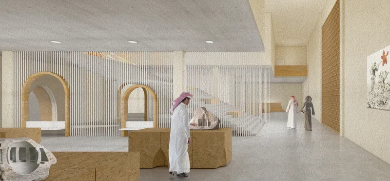 Exhibition hall interior: Showcasing cultural artifacts with an interplay of modern design and historical storytelling for immersive experiences.