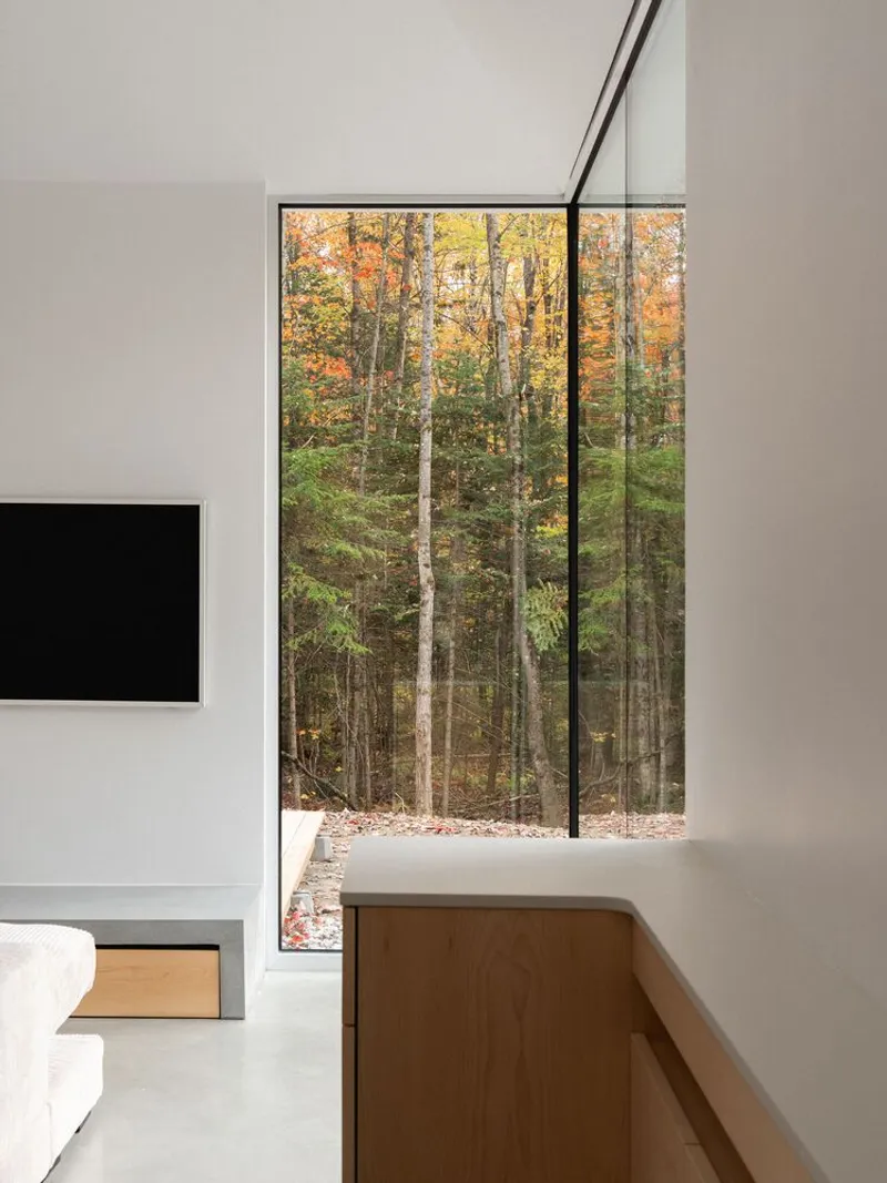 Bedroom corner: floor-to-ceiling window to autumn forest, TV on oak cabinet, white walls, angled ceiling