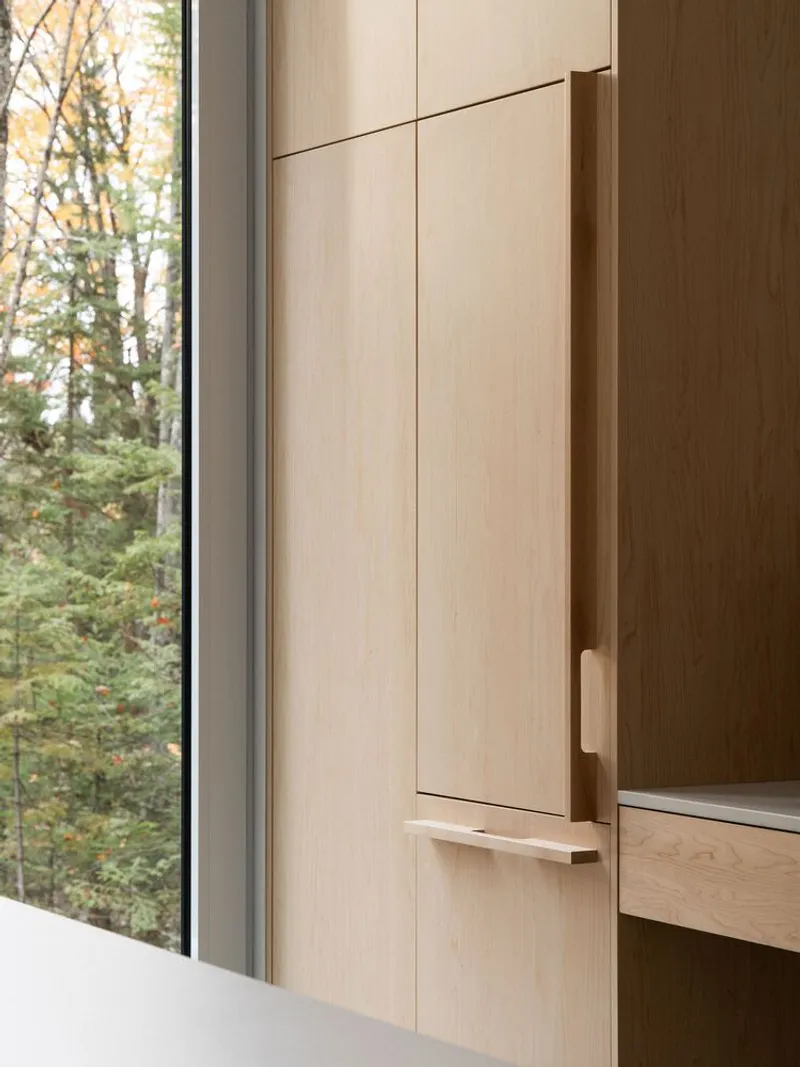 Cabinetry detail: oak panels with brass pull handles, narrow window to forest at left edge