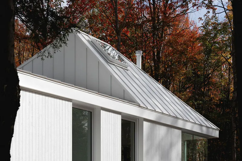 Exterior detail: white metal cladding meeting roof, skylights on twin slopes, red autumn foliage behind