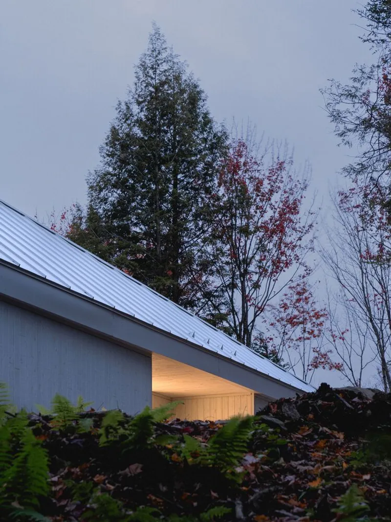 Dusk from hillside: white roof line with narrow horizontal light strip below, trees silhouetted against grey sky
