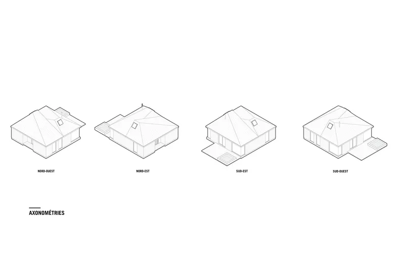 Axonometric views: four orientations showing the compact square plan, twin roof slopes, deck, and entry positions