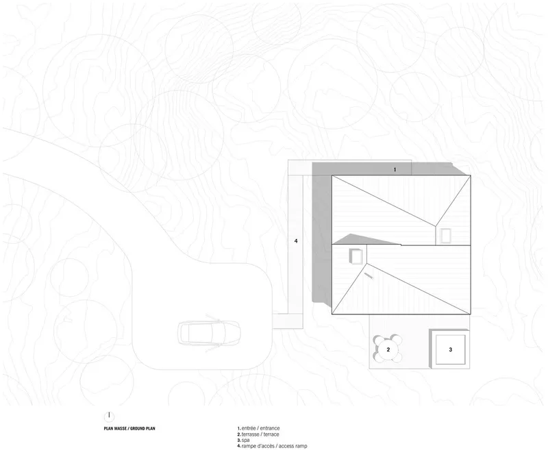 Site plan: house footprint in forest clearing, driveway approach, dense tree canopy surrounding