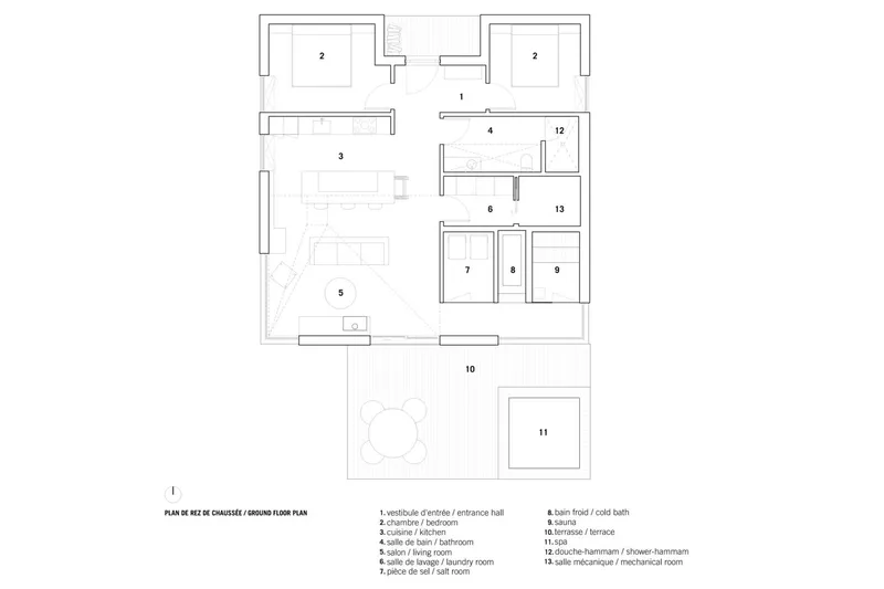 Floor plan: entrance hall, two bedrooms, kitchen, living room, bathroom, laundry, salt room, cold bath, sauna, terrace, spa, shower-hammam, mechanical room