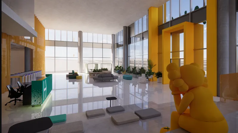 Interior reception area with yellow sculptural figure and green reception desk illuminated by soft afternoon light