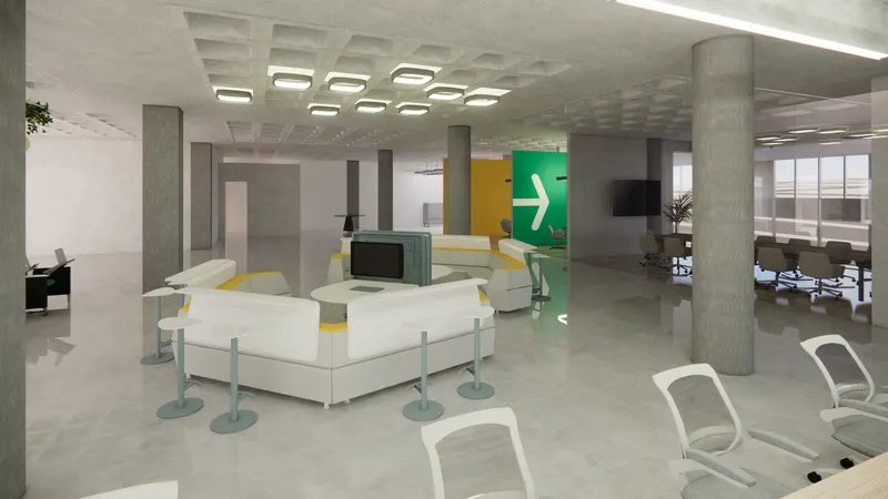 Waiting lounge with white seating clusters and exposed concrete columns beneath a coffered ceiling with recessed lights