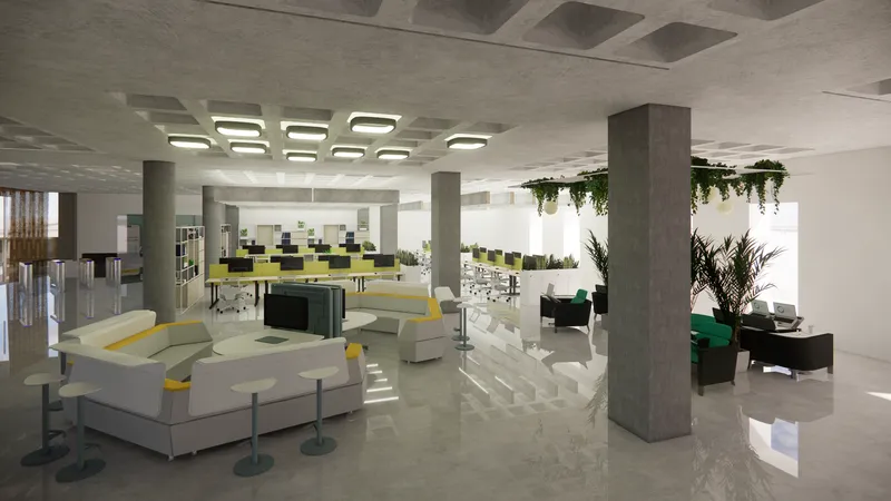 Open-plan workspace with hanging plants trailing from ceiling beams and yellow seating at workstations beyond