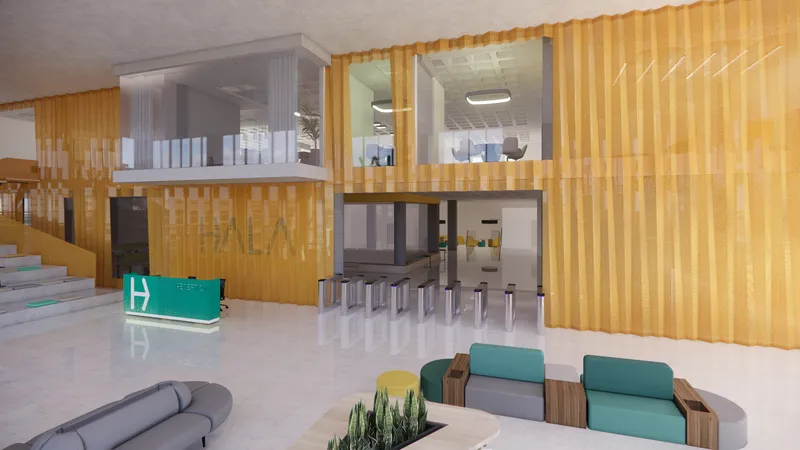 Reception lobby with vertical wood slatted walls, white polished floor, and teal seating around planters