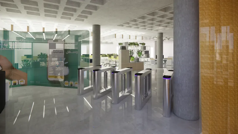 Security turnstile area with cylindrical concrete columns and geometric coffered ceiling under overhead lighting