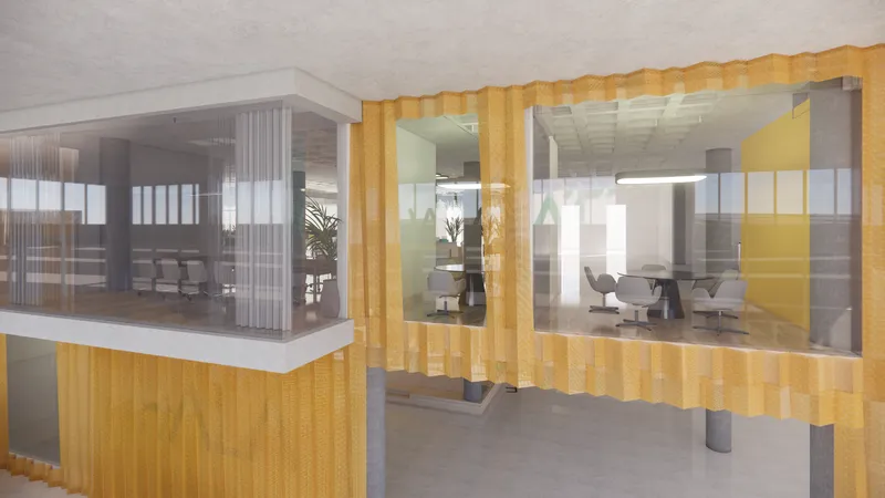 Glass-enclosed office pods with yellow vertical slat partitions and visible meeting tables inside