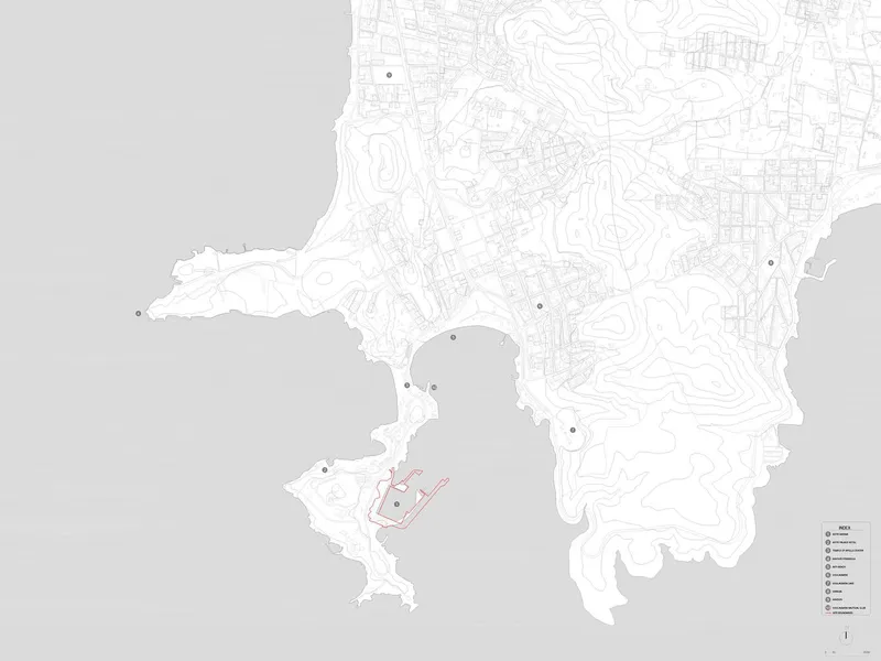 Site plan drawing showing a coastal development with topographic contours and a highlighted zone near the water