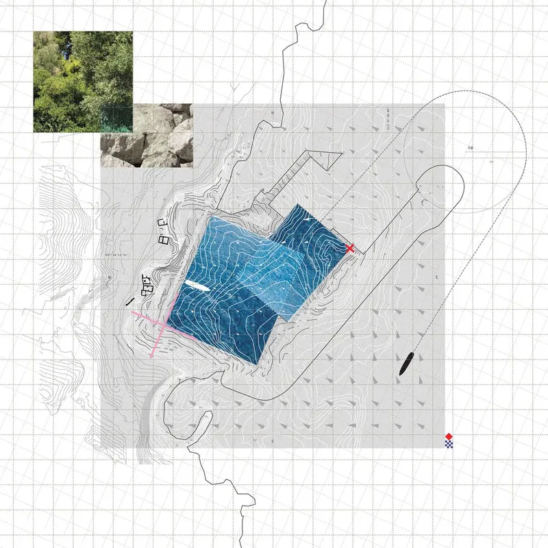 Site plan drawing with blue shaded area indicating a building footprint on sloped terrain with reference photographs