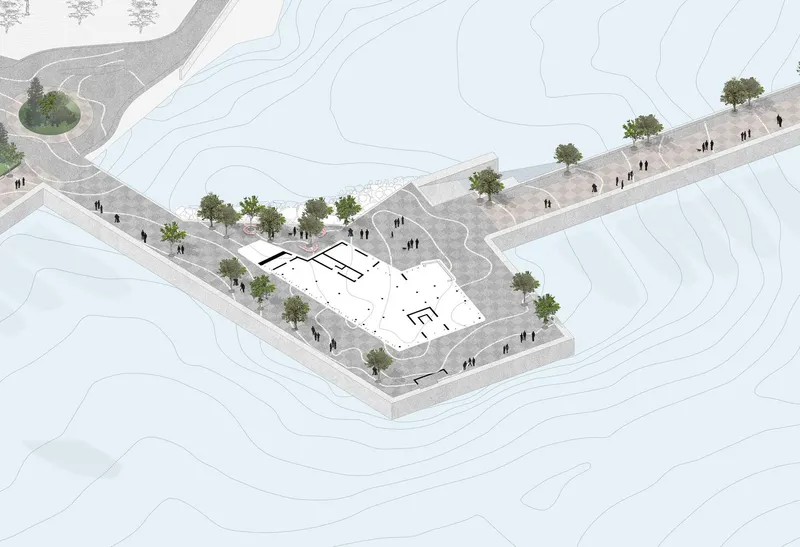 Axonometric drawing of a waterfront plaza with trees, paving patterns, and pedestrians along the water's edge
