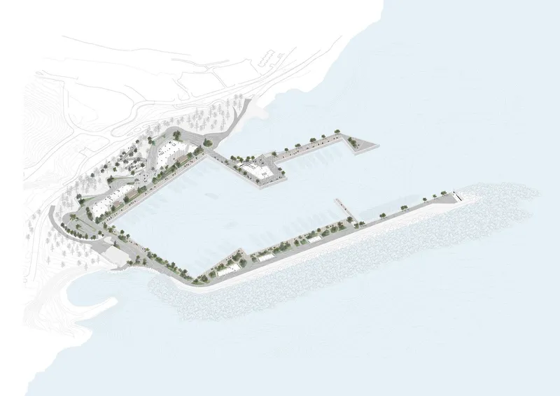Axonometric site drawing showing waterfront piers with tree-lined promenades extending into the water