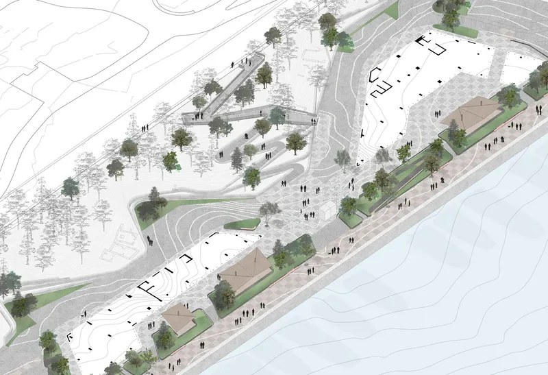 Aerial axonometric view of a waterfront promenade with paved plazas, planted areas, and scattered figures