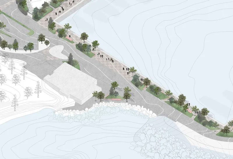 Axonometric drawing showing a waterfront promenade with tree-lined pedestrian paths and a rectangular building volume