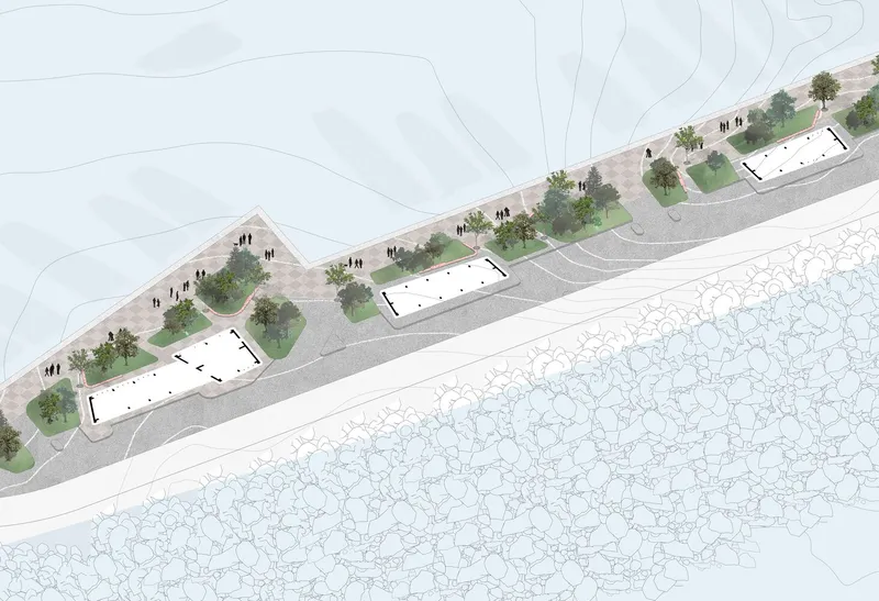 Axonometric drawing of three rectangular pavilions along a terraced waterfront promenade with planted areas
