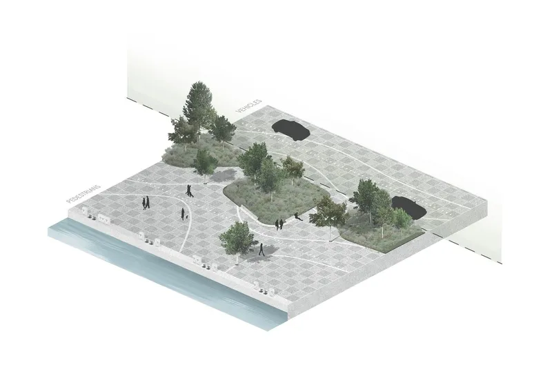 Isometric drawing of a paved plaza with circular planting beds, trees, and pedestrians near the water's edge