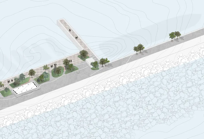 Axonometric drawing showing a linear pier extending into the water with tree-lined pathways along the shore