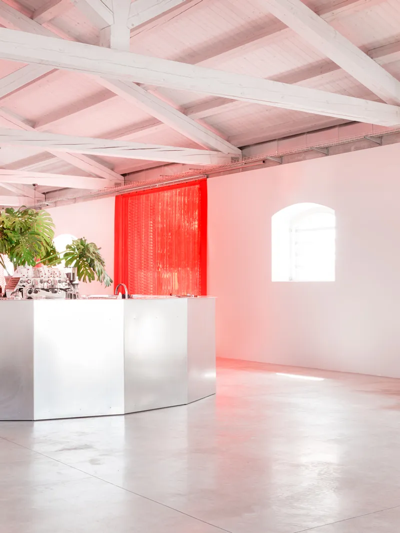 Red mesh curtain dividing the interior space under a coffered timber ceiling structure