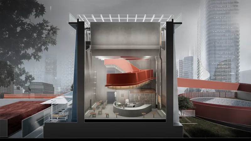 Section rendering showing the multi-level interior beneath a pergola frame with surrounding high-rise towers in fog