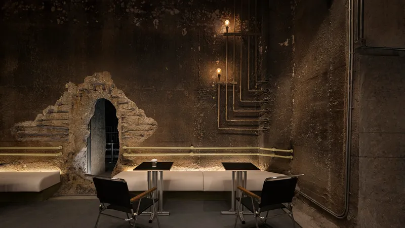 Seating area with curved banquettes and strip lighting against distressed concrete walls with exposed conduit