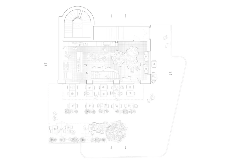 Floor plan: bakery kitchen at rear with arched wall, cafe seating in the middle, outdoor terrace with tree at the front