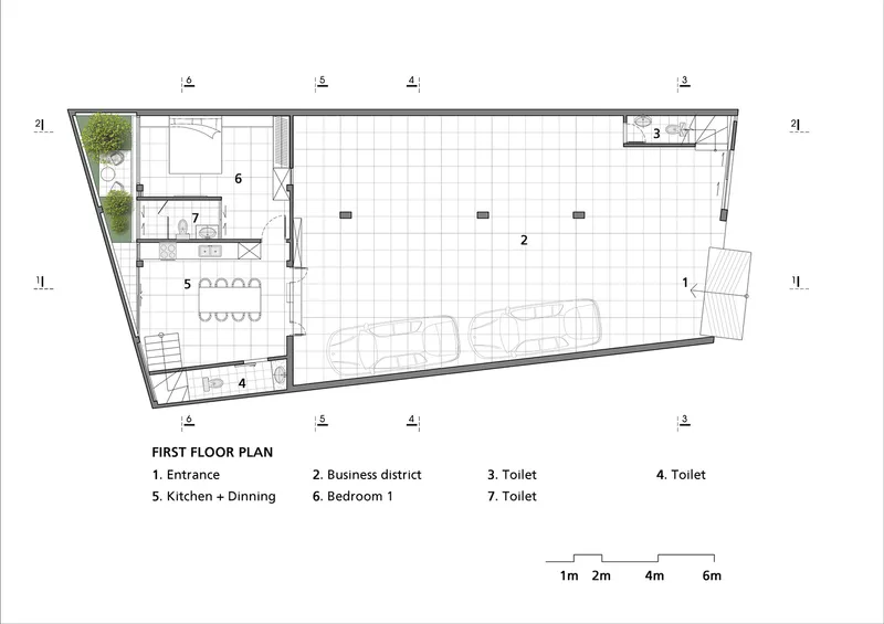 First floor plan: entrance, business district shop area, kitchen and dining, bedroom, toilets