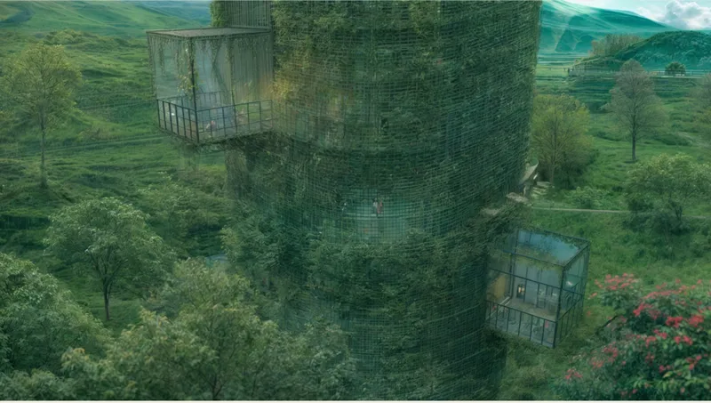 Close view of the cylindrical mesh-clad tower with protruding glazed box volumes among surrounding trees