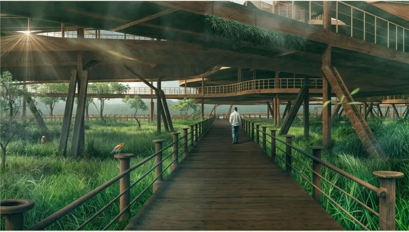 Timber boardwalk with railings leading beneath elevated structures with a person walking ahead