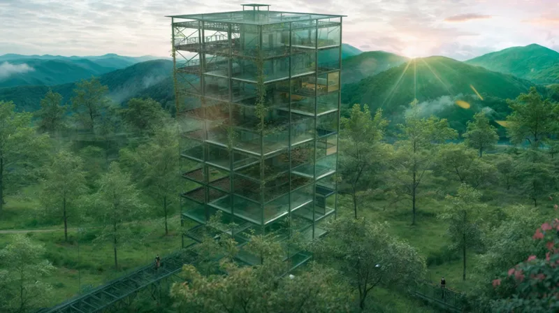 Glass tower with planted floor slabs rising above a forested hillside at sunrise