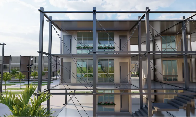 Close-up of the exposed steel cross-bracing and frame with glazed units and exterior steel staircase